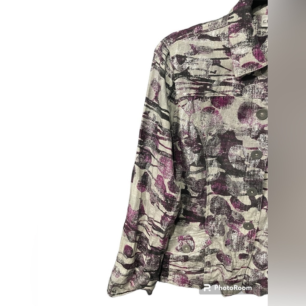 Chicos Women's Size 2 (med) Purple Gray Silver Metallic 100%Linen Jacket Blazer - Picture 8 of 17